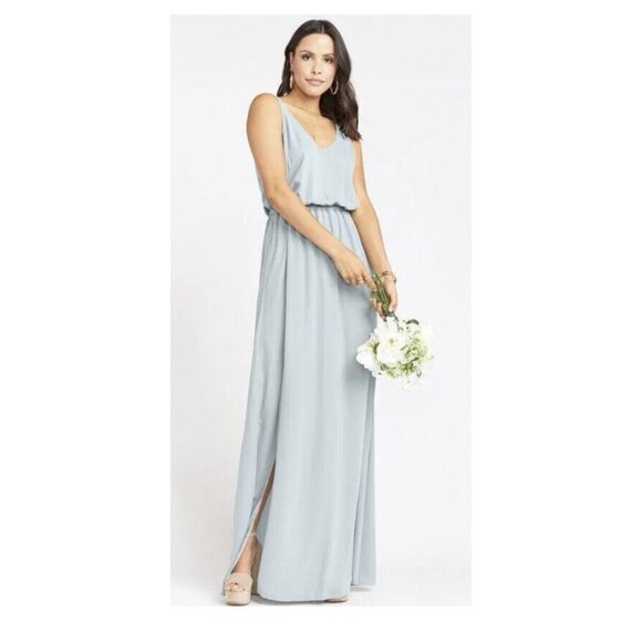 Show Me Your Mumu Kendall Maxi Dress V Neck Slit Blouson Silver Sage Blue XL - Picture 1 of 6